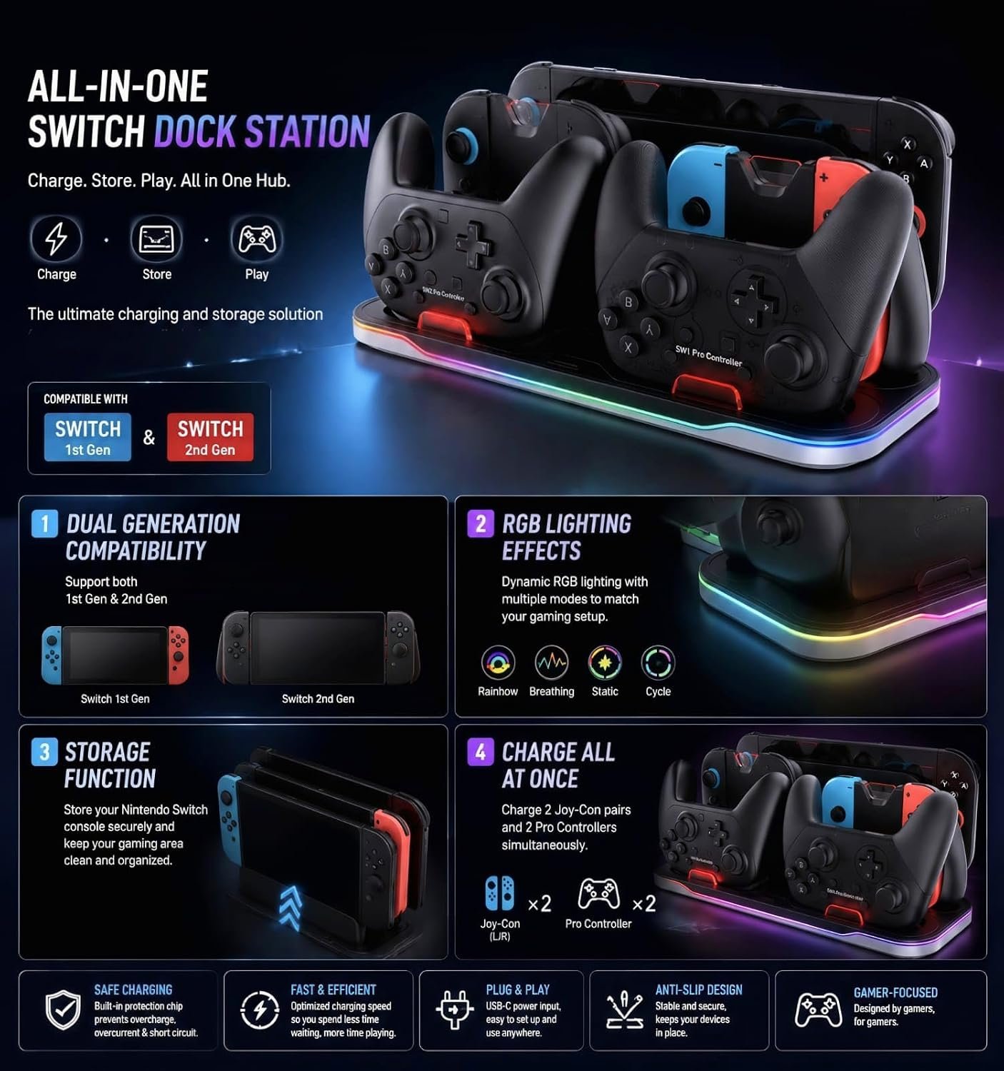 EpicArma All-in-One Charging Dock Compatible with Nintendo Switch & Switch 2